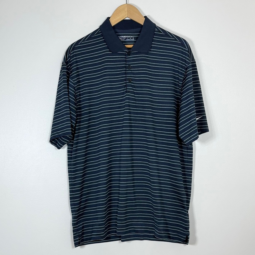 Nike Mens Polo Shirt Size L Navy Blue Green Striped Fit Dry Golf
